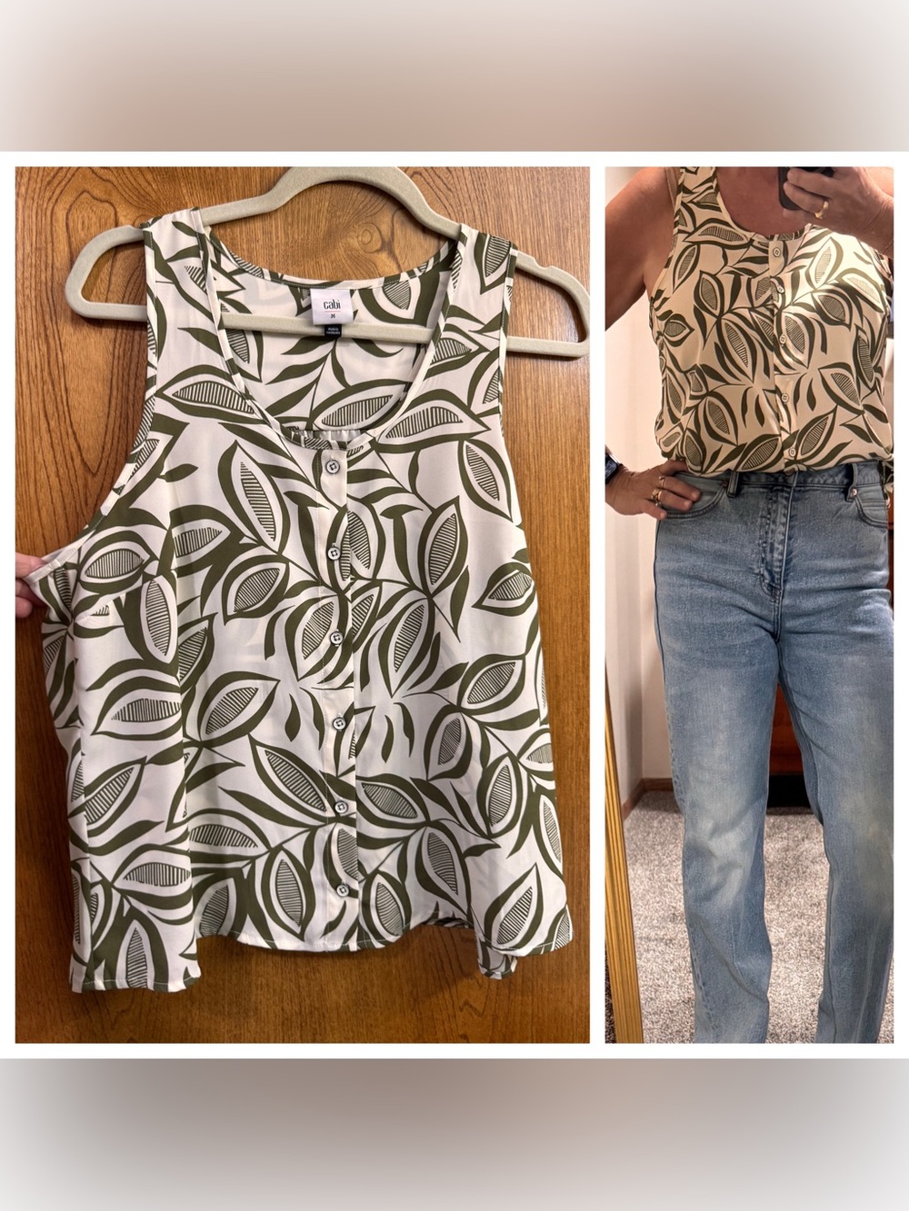 CAbi Olive Leaf Print Button-Front Tank